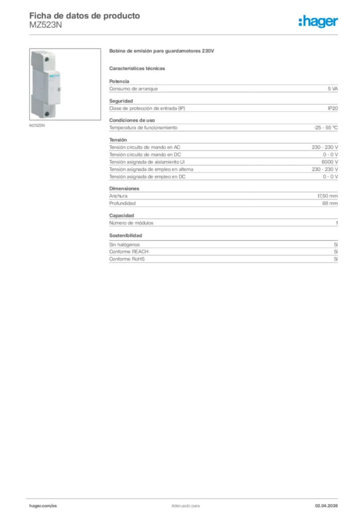 Imagen Hager Ficha de datos de producto MZ523N | Hager España
