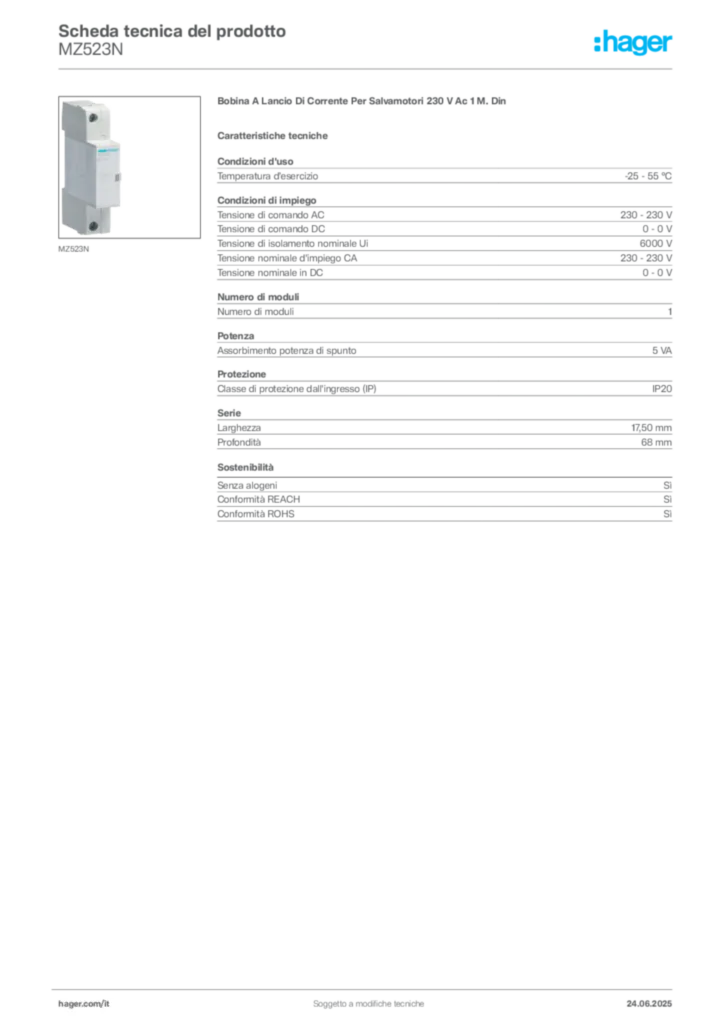 Immagine Hager Scheda tecnica del prodotto MZ523N | Hager Italia