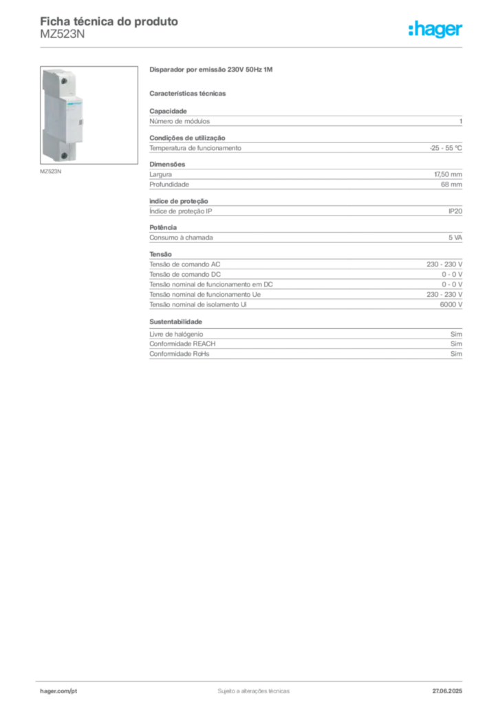 Imagem Hager Ficha técnica do produto MZ523N | Hager Portugal