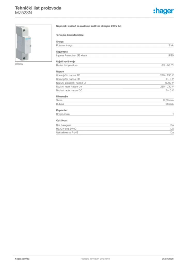 Slika Hager Tehnički list proizvoda MZ523N  | Hager