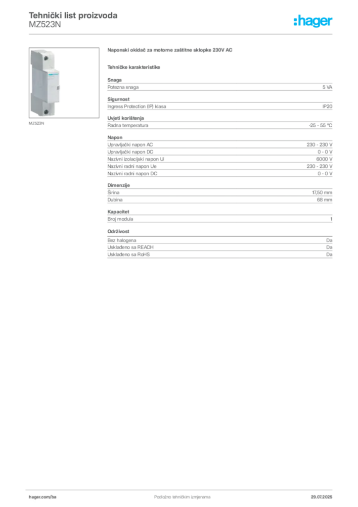 Slika Hager Product data sheet MZ523N  | Hager