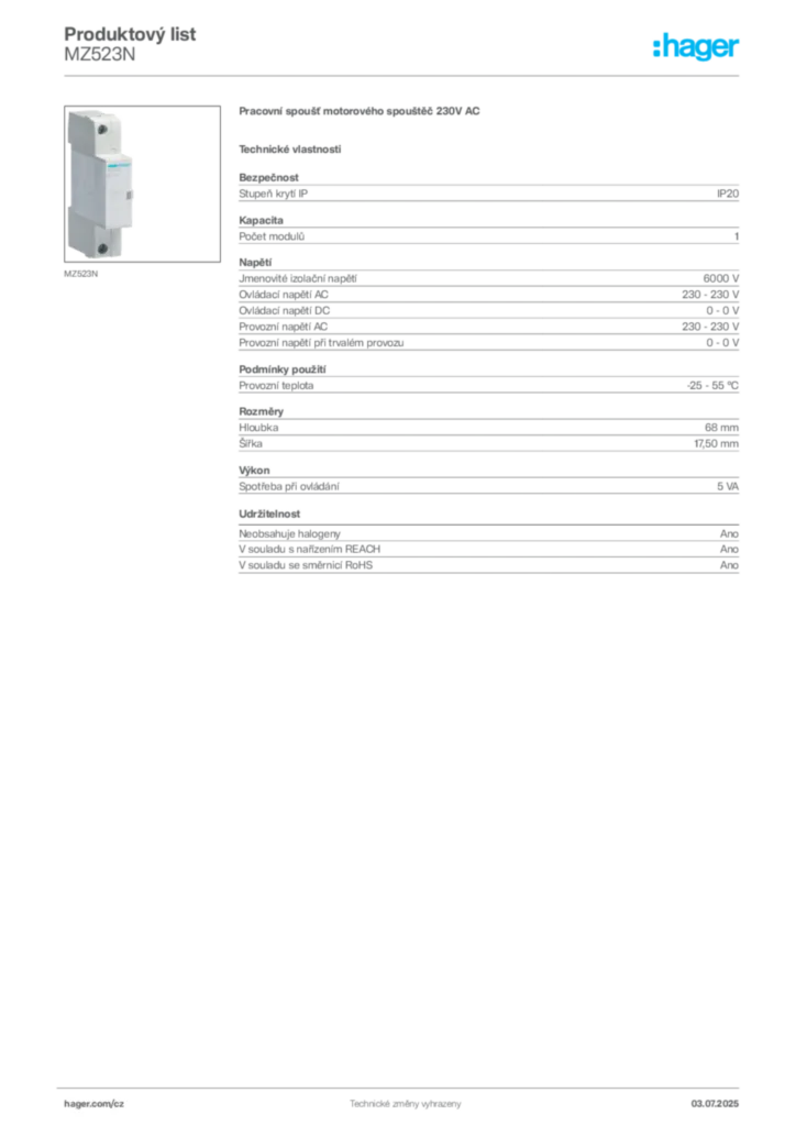 Obrázek Hager Produktový list MZ523N | Hager
