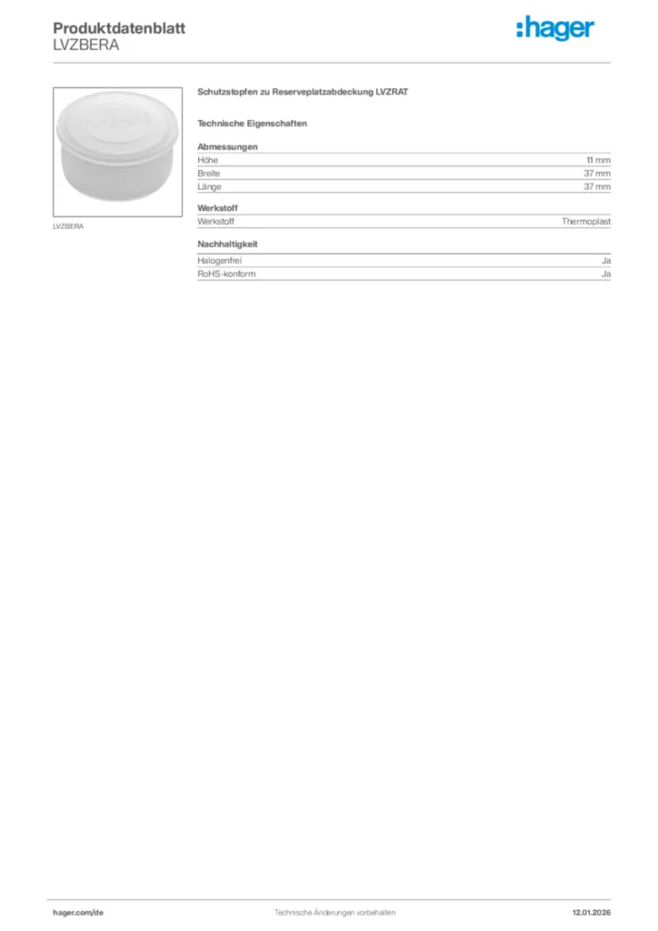 Bild Hager Produktdatenblatt LVZBERA | Hager Deutschland
