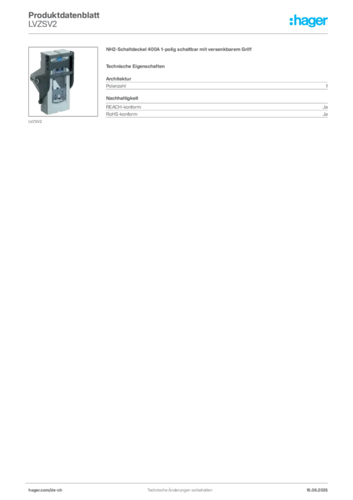 Bild Hager Produktdatenblatt LVZSV2 | Hager Schweiz