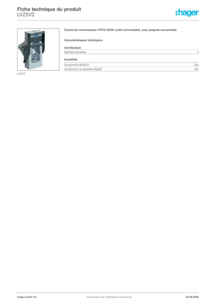Image Hager Fiche technique du produit LVZSV2 | Hager Suisse