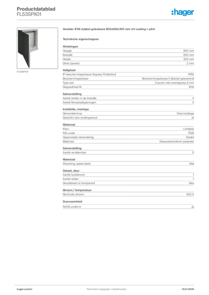 Afbeelding Hager Productdatablad FL53SPX01 | Hager Nederland