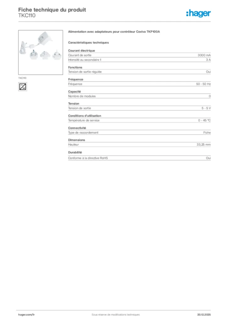 Image Hager Fiche technique du produit TKC110 | Hager France