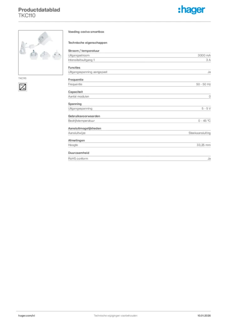 Afbeelding Hager Productdatablad TKC110 | Hager Nederland