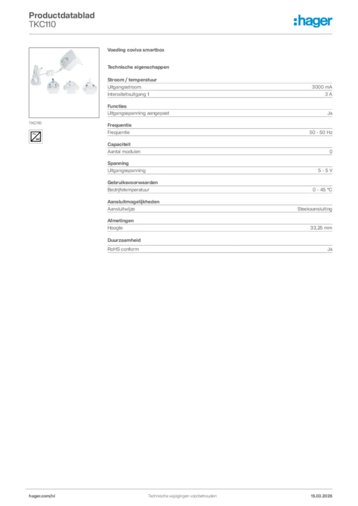 Afbeelding Hager Productdatablad TKC110 | Hager Nederland