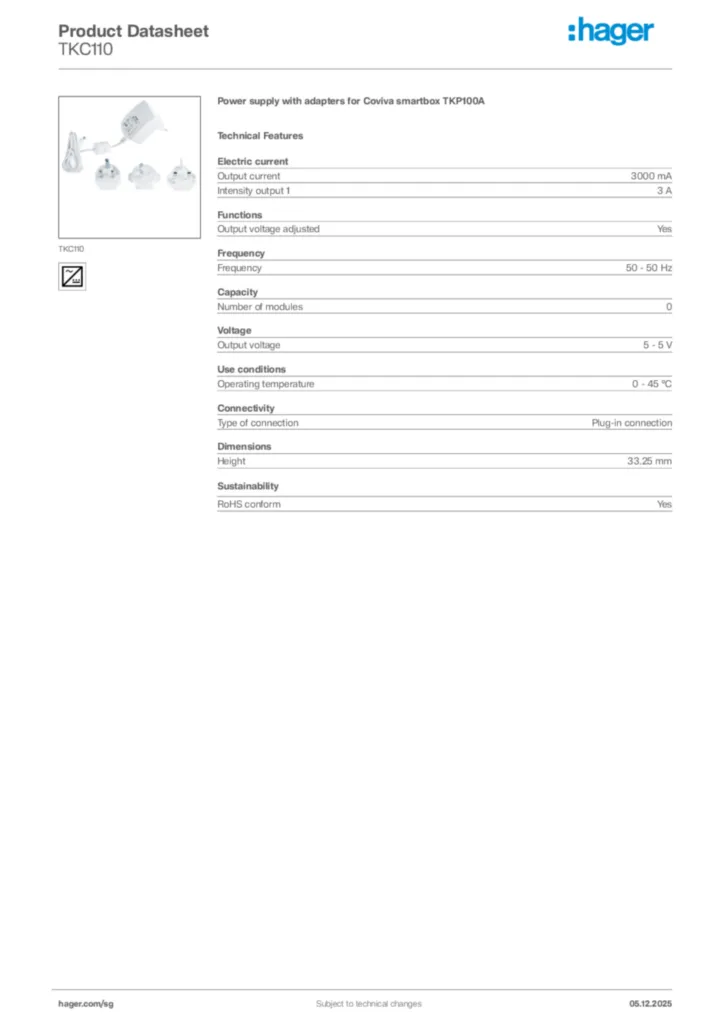 Image Hager Product data sheet TKC110  | Hager