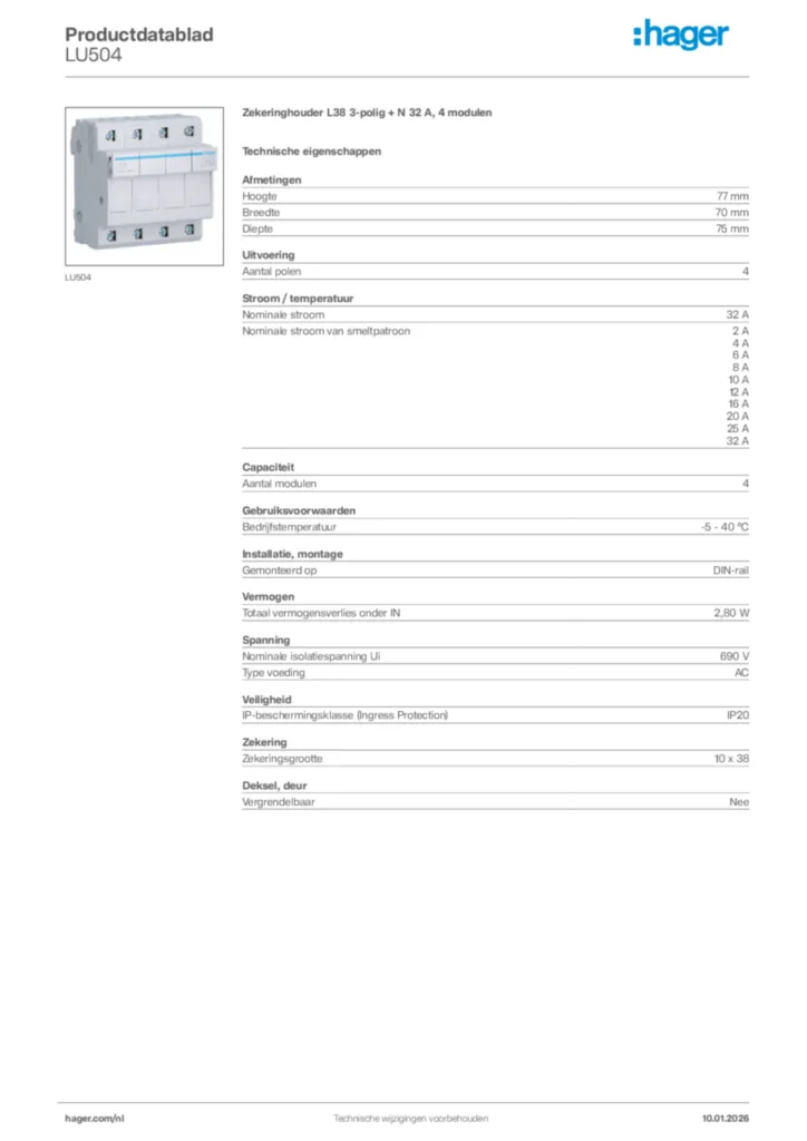 Afbeelding Hager Productdatablad LU504 | Hager Nederland