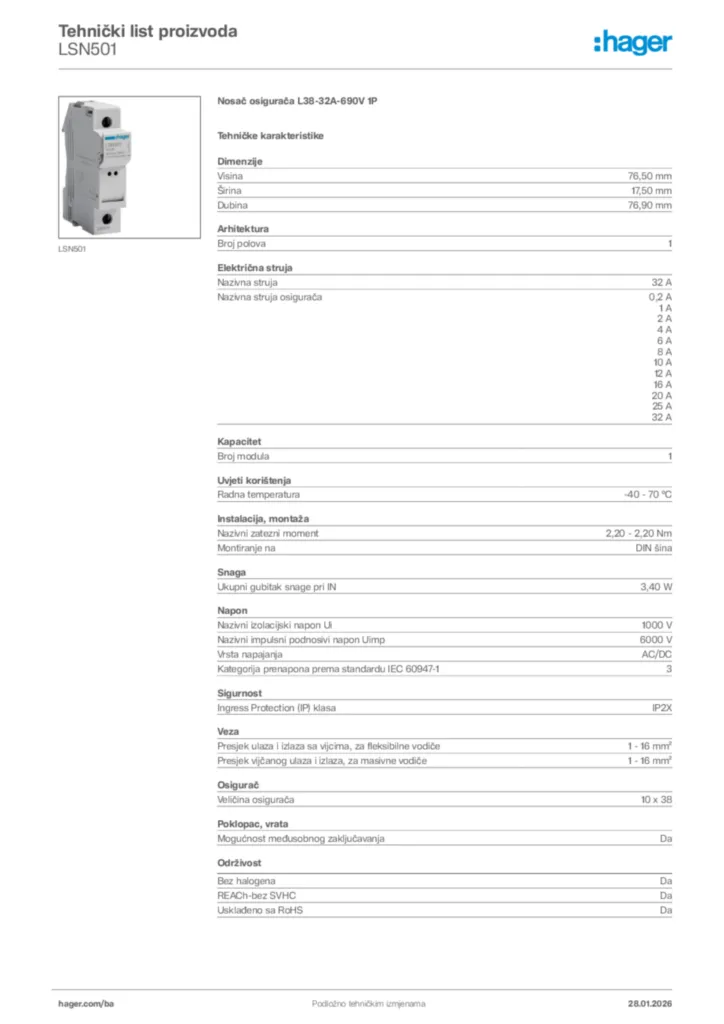 Slika Hager Tehnički list proizvoda LSN501  | Hager