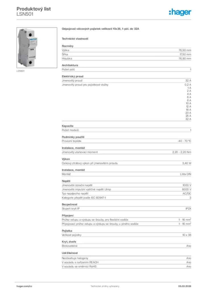 Obrázek Hager Product data sheet LSN501 | Hager