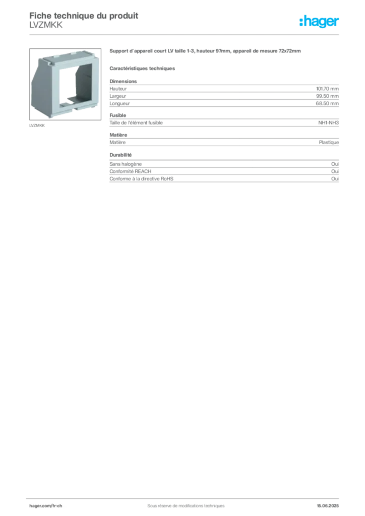 Image Hager Fiche technique du produit LVZMKK | Hager Suisse