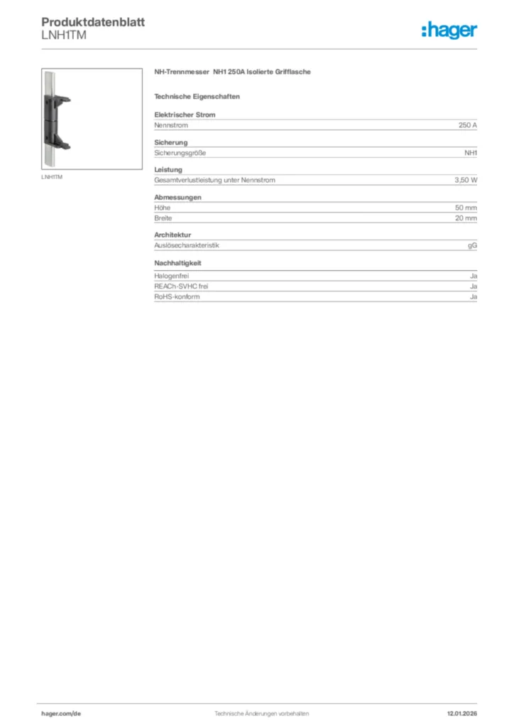 Bild Hager Produktdatenblatt LNH1TM | Hager Deutschland