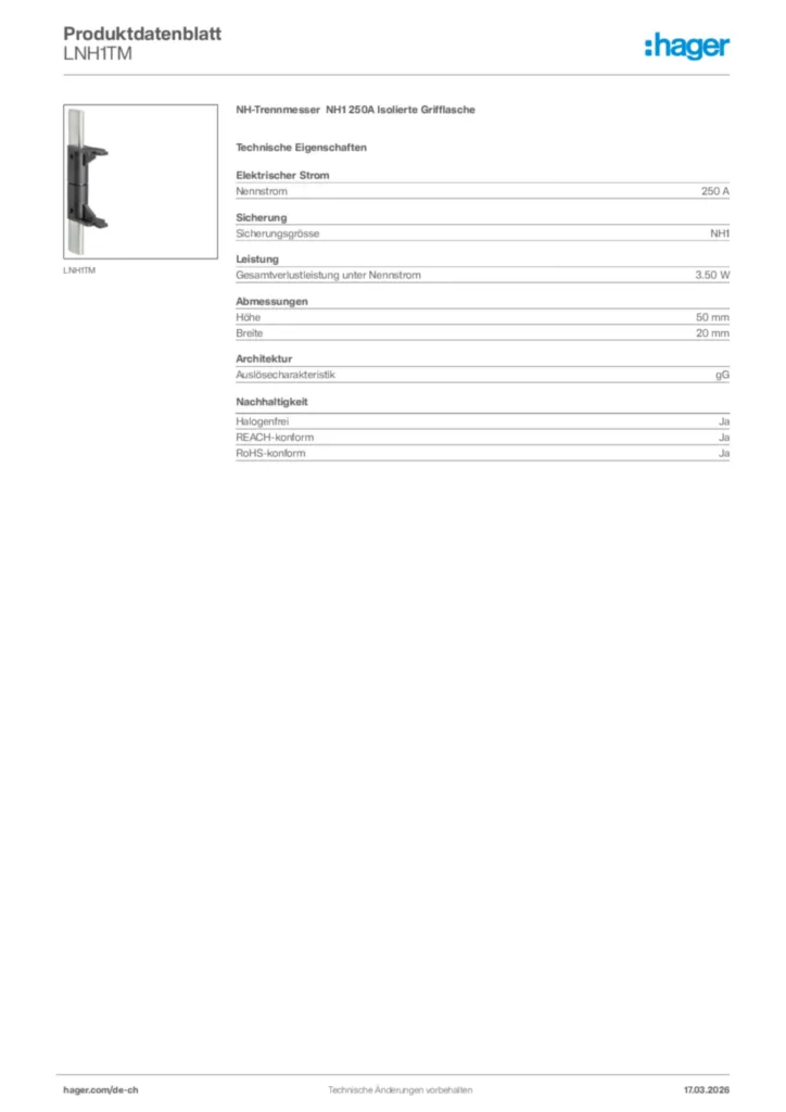 Bild Hager Produktdatenblatt LNH1TM | Hager Schweiz