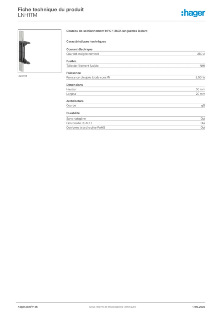 Image Hager Fiche technique du produit LNH1TM | Hager Suisse