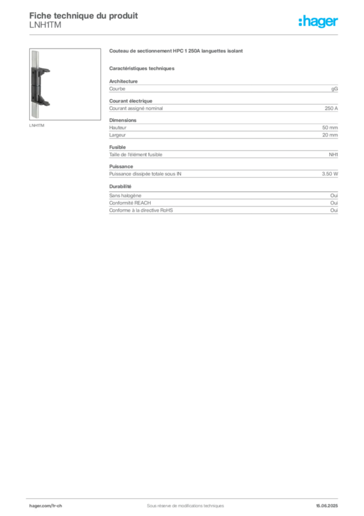 Image Hager Fiche technique du produit LNH1TM | Hager Suisse