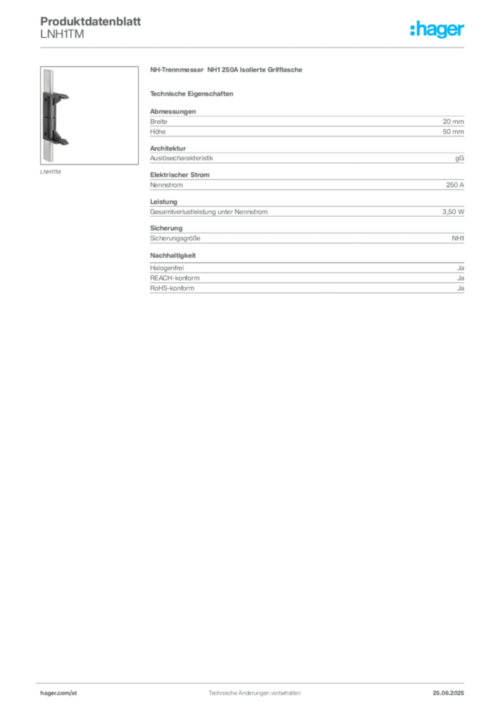 Bild Hager Produktdatenblatt LNH1TM | Hager Deutschland