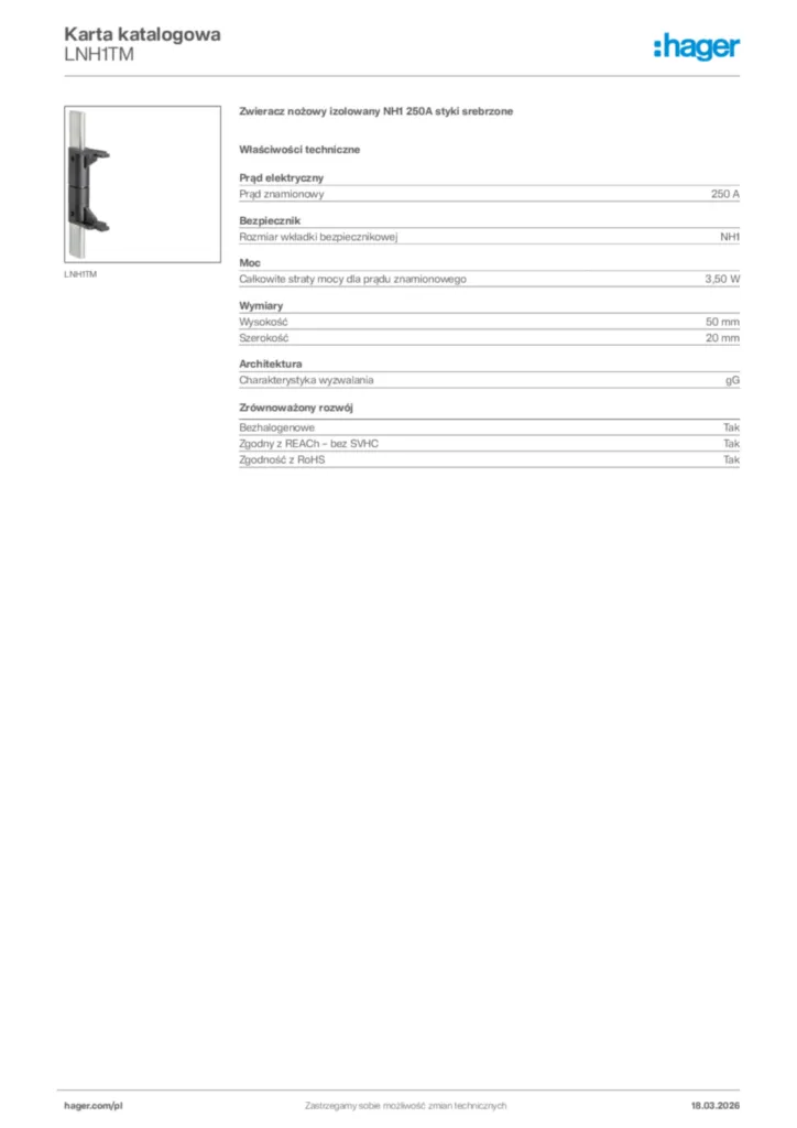 Zdjęcie Hager Karta katalogowa LNH1TM | Hager Polska
