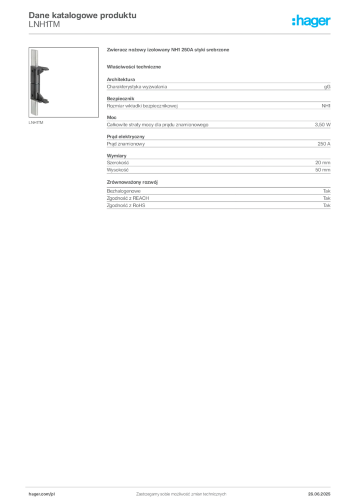 Zdjęcie Hager Dane katalogowe produktu LNH1TM | Hager Polska