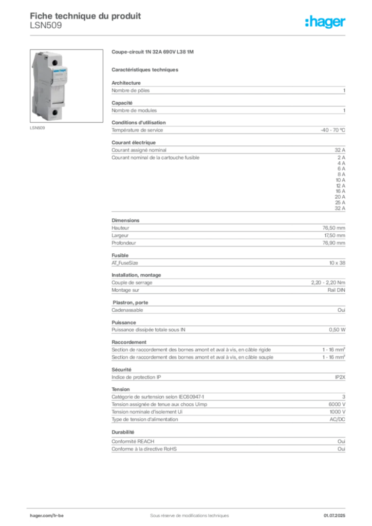 Image Hager Fiche technique du produit LSN509 | Hager Belgique