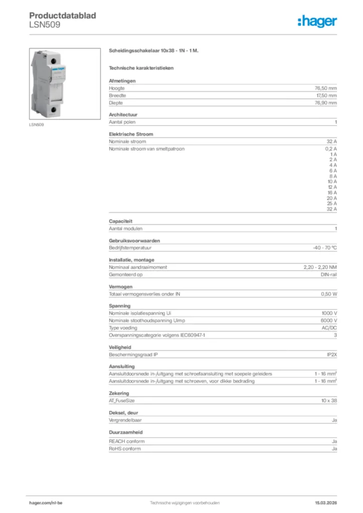 Afbeelding Hager Productdatablad LSN509 | Hager Belgium