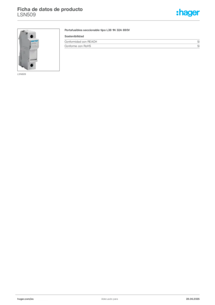 Imagen Hager Ficha de datos de producto LSN509 | Hager España