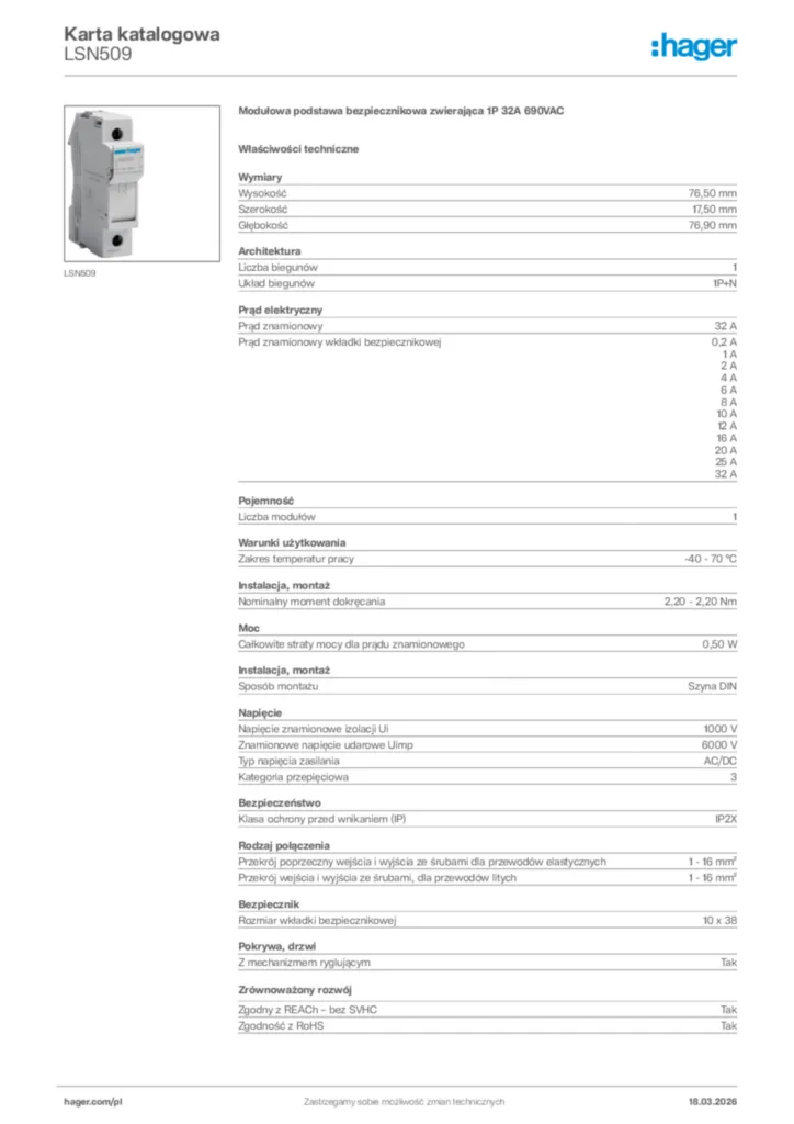 Zdjęcie Hager Karta katalogowa LSN509 | Hager Polska