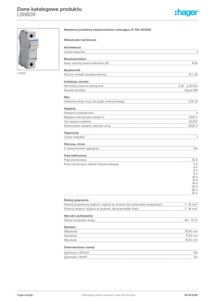 Zdjęcie Hager Dane katalogowe produktu LSN509 | Hager Polska