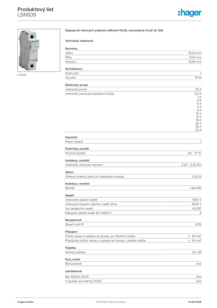 Obrázek Hager Product data sheet LSN509 | Hager