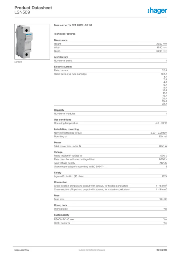 Image Hager Product data sheet LSN509  | Hager