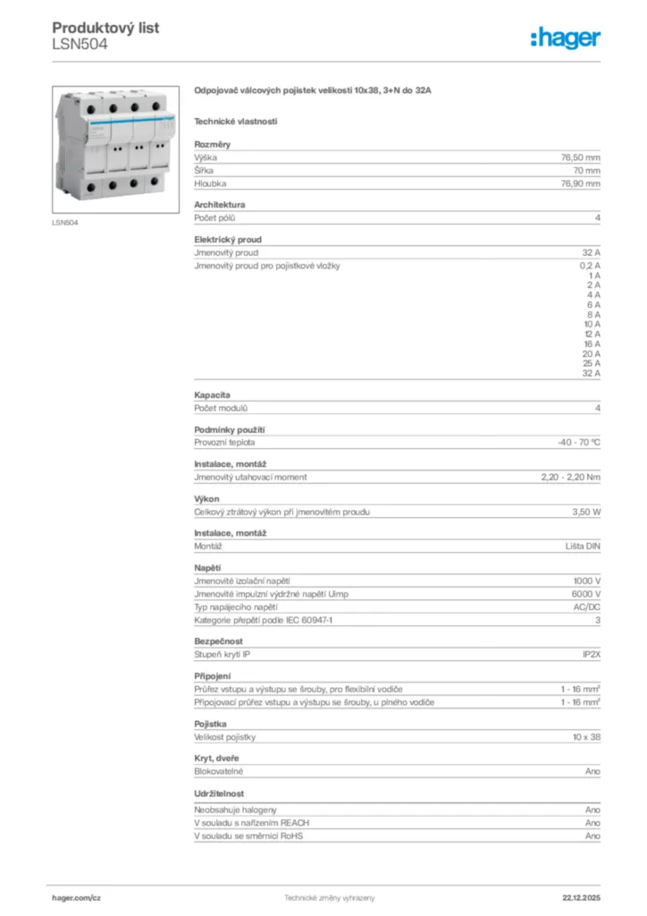 Obrázek Hager Produktový list LSN504 | Hager