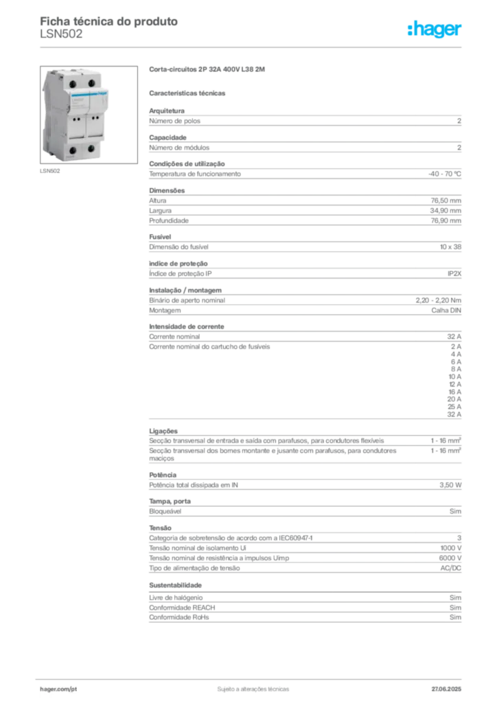 Imagem Hager Ficha técnica do produto LSN502 | Hager Portugal