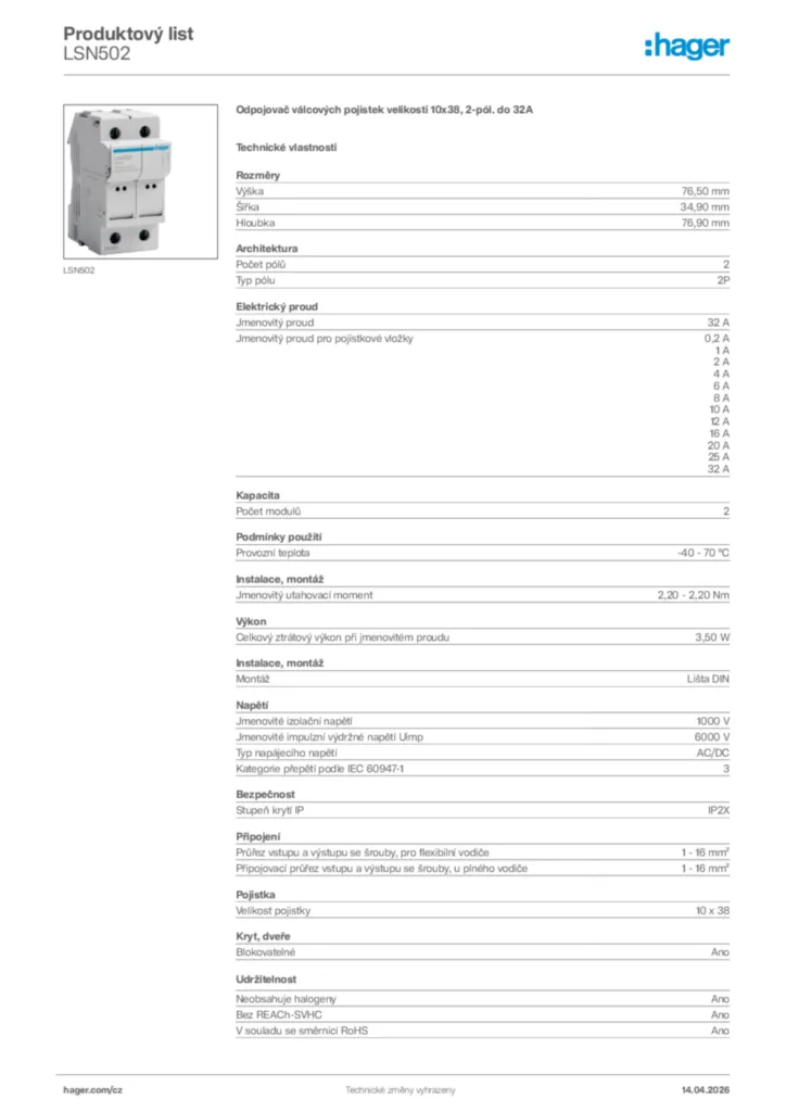 Obrázek Hager Product data sheet LSN502 | Hager