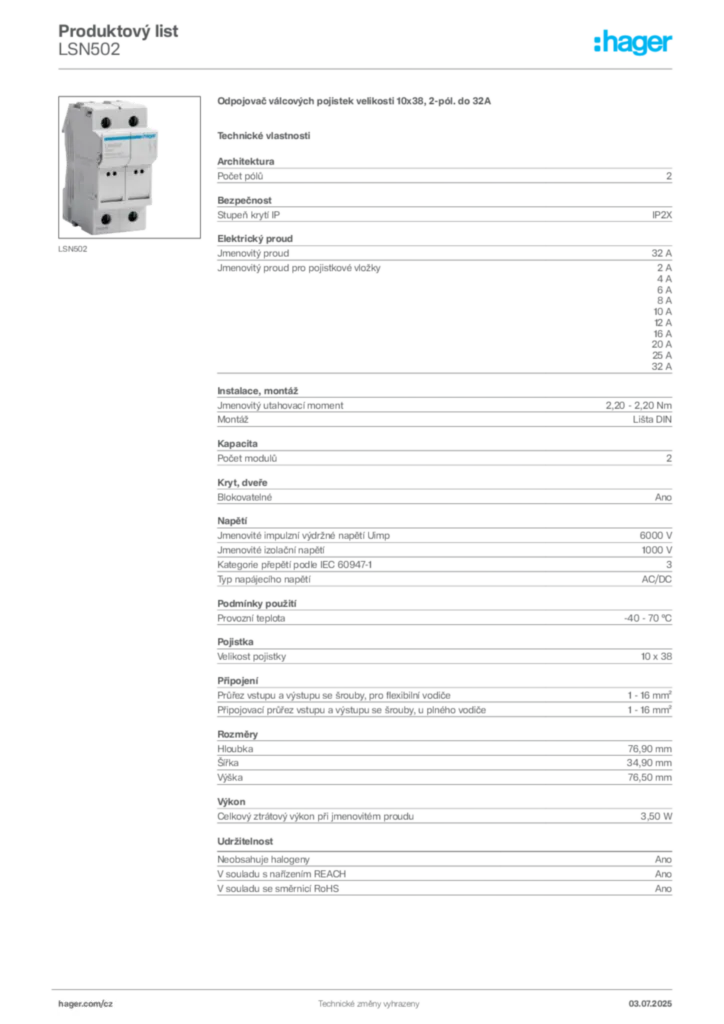 Obrázek Hager Produktový list LSN502 | Hager