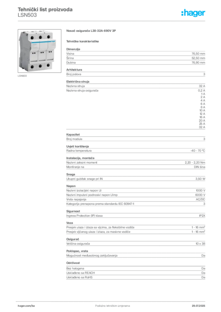 Slika Hager Product data sheet LSN503  | Hager