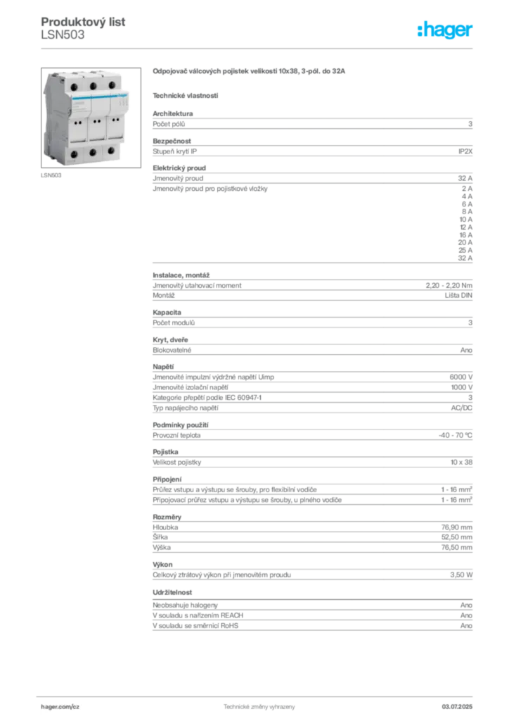 Obrázek Hager Produktový list LSN503 | Hager