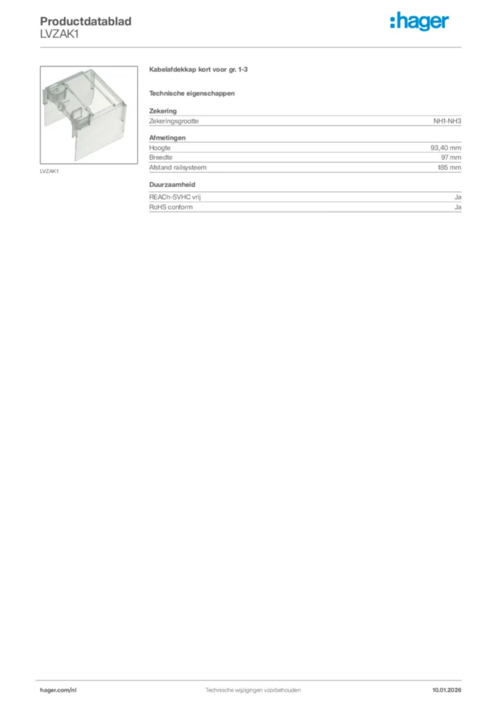 Afbeelding Hager Productdatablad LVZAK1 | Hager Nederland