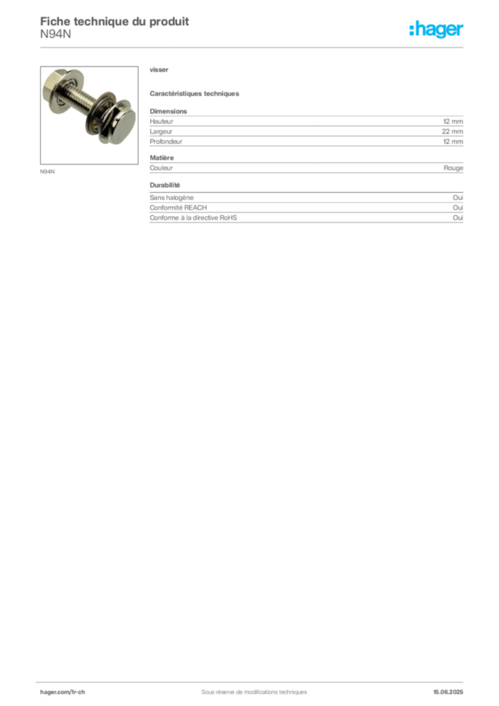 Image Hager Fiche technique du produit N94N | Hager Suisse