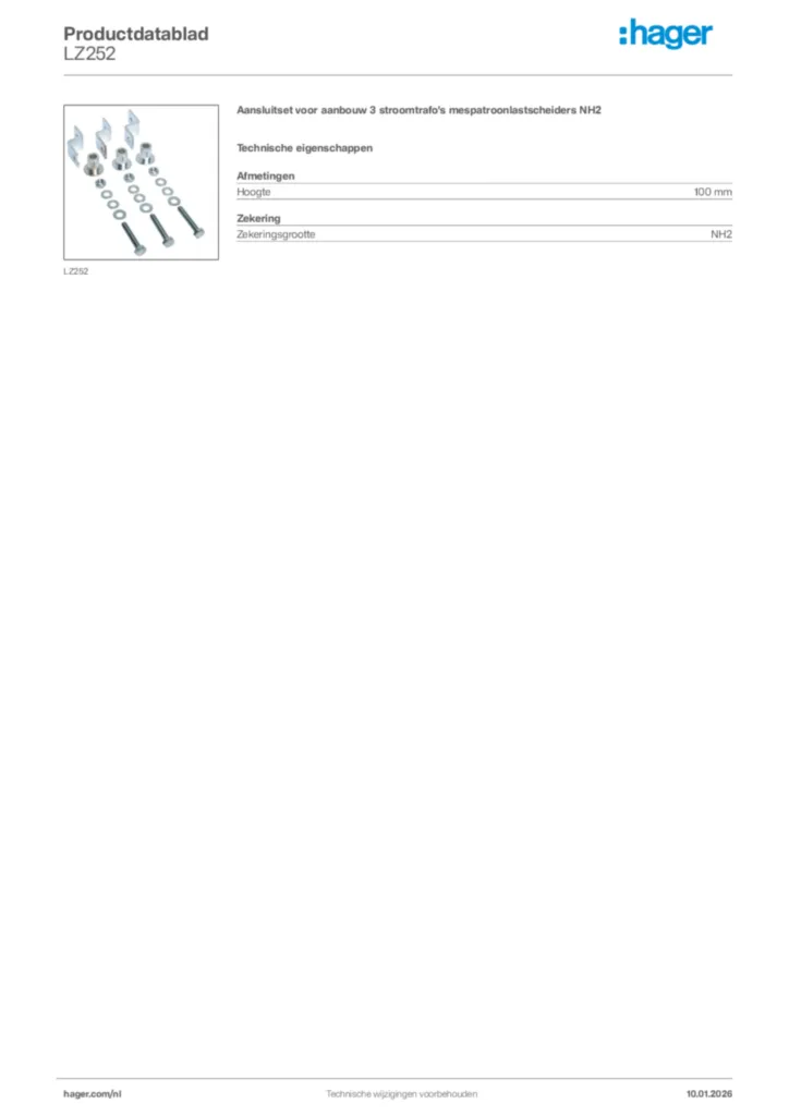 Afbeelding Hager Productdatablad LZ252 | Hager Nederland
