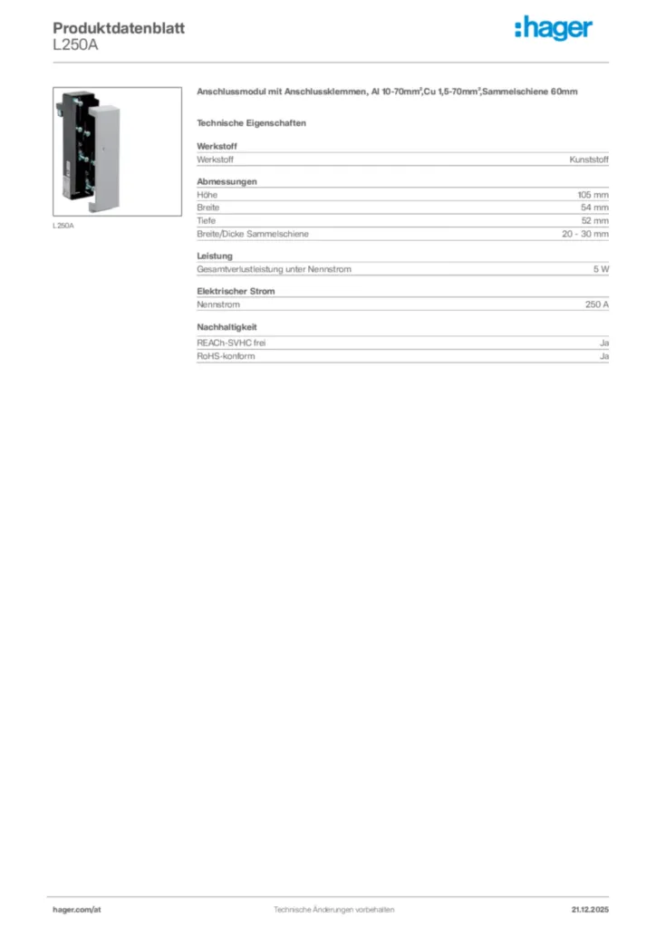 Bild Hager Produktdatenblatt L250A | Hager Deutschland
