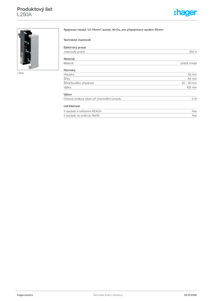 Obrázek Hager Produktový list L250A | Hager