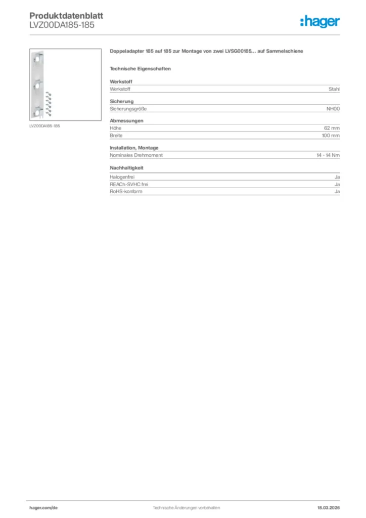 Bild Hager Produktdatenblatt LVZ00DA185-185 | Hager Deutschland