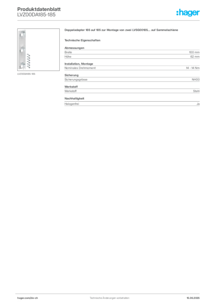 Bild Hager Produktdatenblatt LVZ00DA185-185 | Hager Schweiz