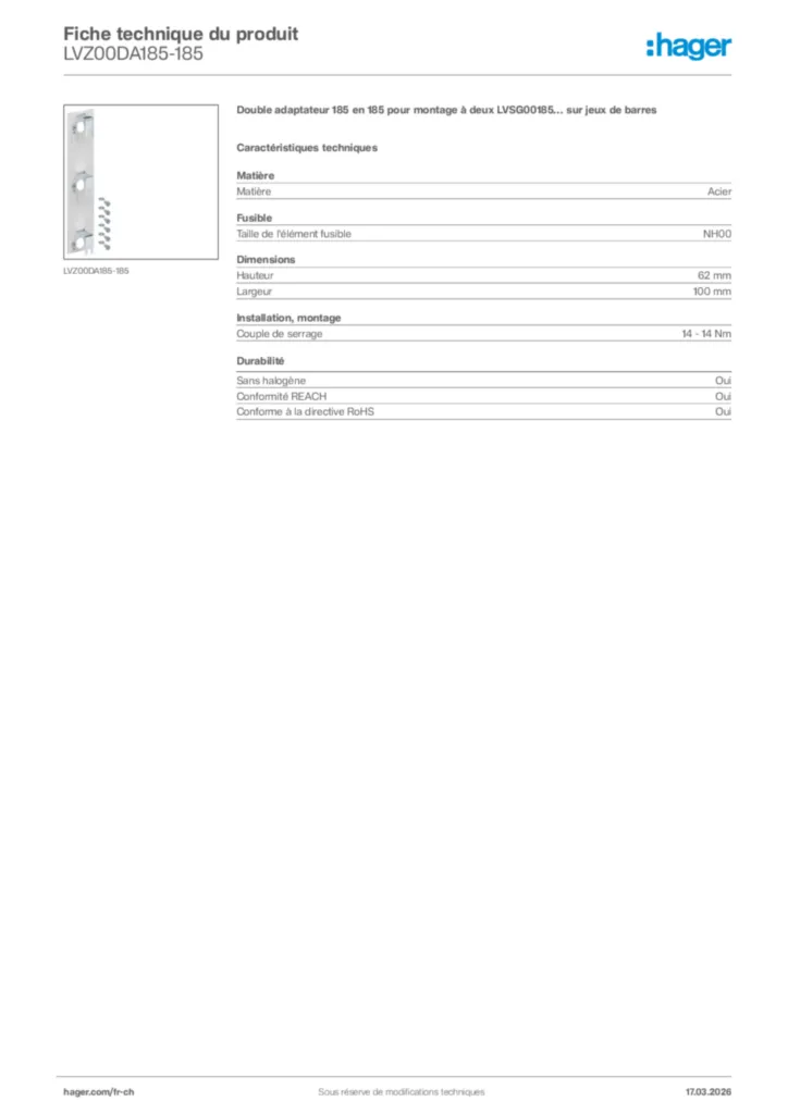 Image Hager Fiche technique du produit LVZ00DA185-185 | Hager Suisse