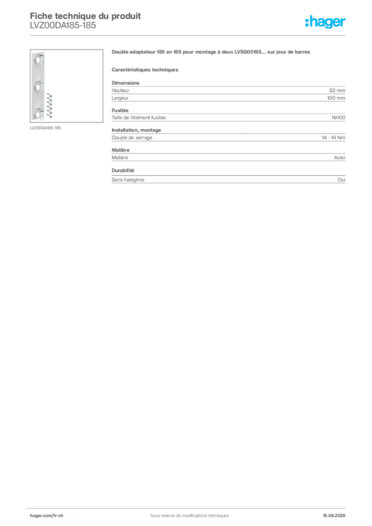 Image Hager Fiche technique du produit LVZ00DA185-185 | Hager Suisse