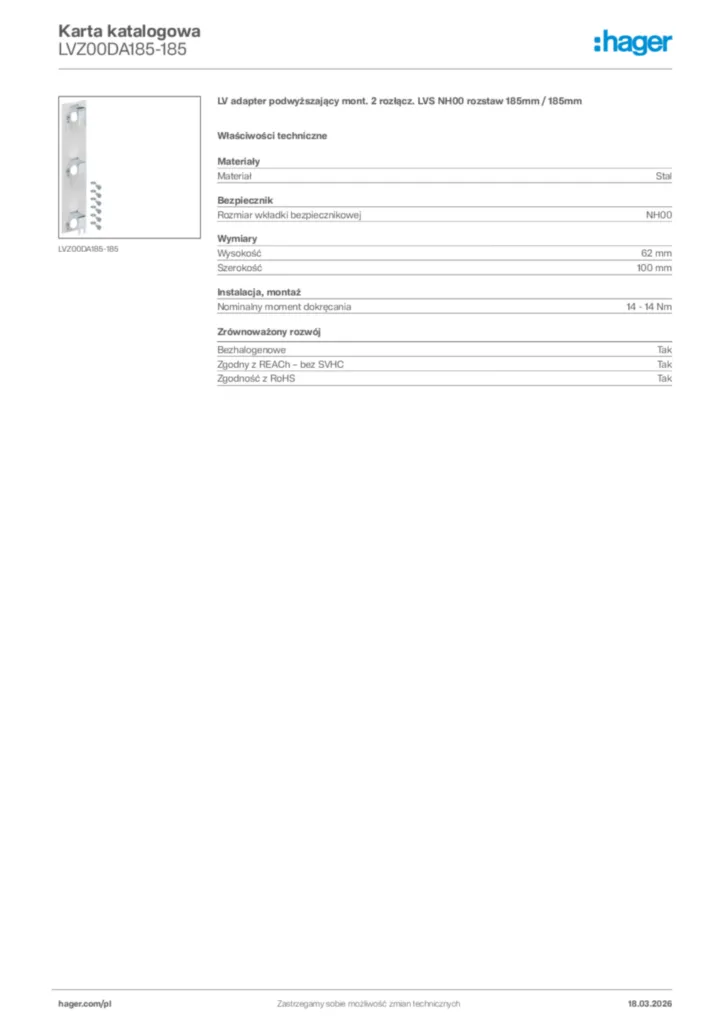 Zdjęcie Hager Karta katalogowa LVZ00DA185-185 | Hager Polska