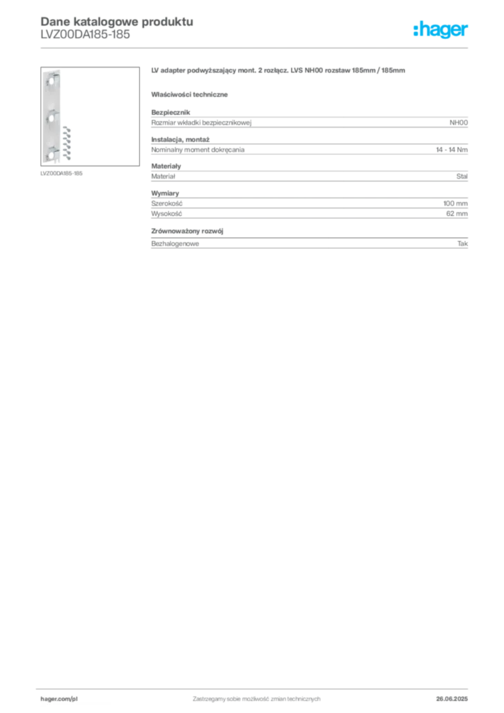 Zdjęcie Hager Dane katalogowe produktu LVZ00DA185-185 | Hager Polska