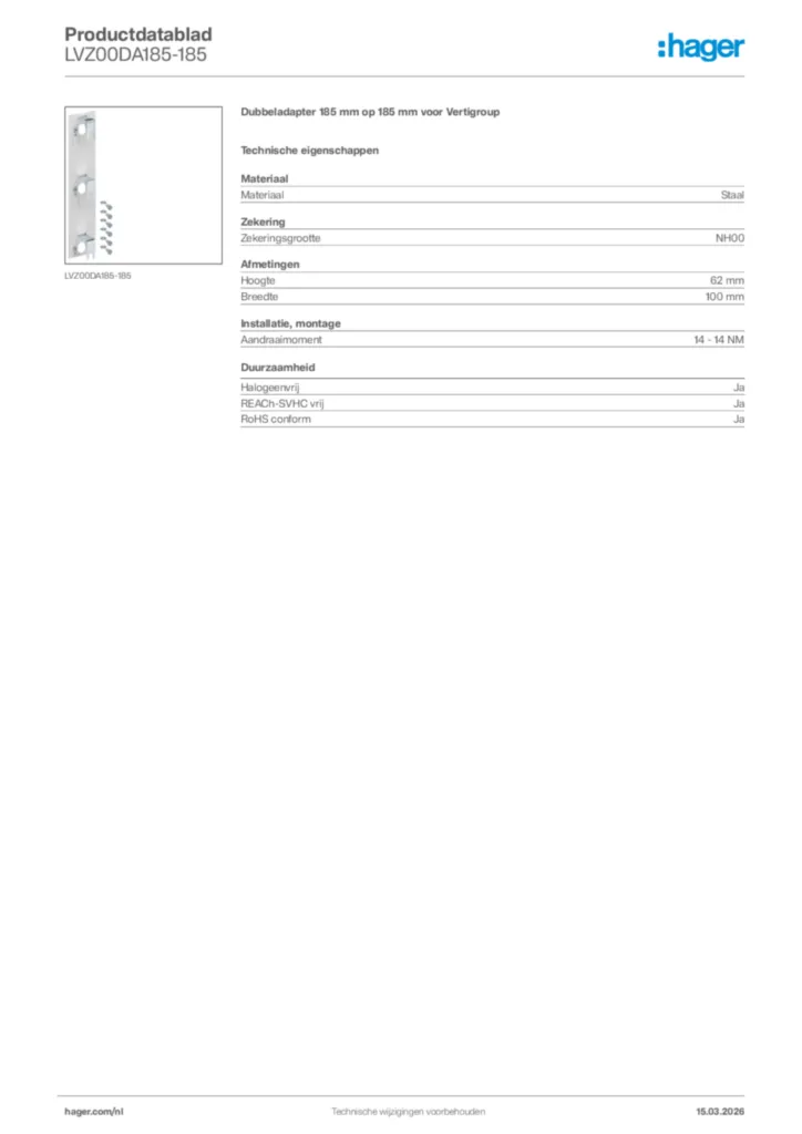 Afbeelding Hager Productdatablad LVZ00DA185-185 | Hager Nederland